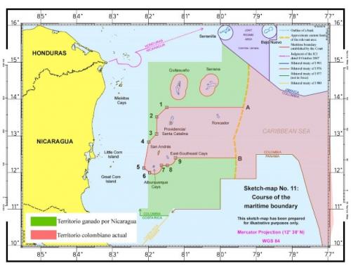 Figura de las zonas otorgadas a Nicaragua y a Colombia en el Mar Caribe por parte de la CIJ en el fallo del 2012. Extraída de artículo de prensa de Poder.cr conic2016 small