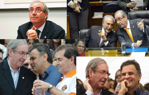 Montagem em sentido horário Eduardo Cunha (PMDB RJ), Michel Temer (PMDB SP) e Cunha, Cunha e Aécio Neves (PSDB MG), Cunha, Aécio Neves e Paulinho da Força (SD), todos citados em esquemas de corrupção e articuladores do processo golpista cuhna golpista   s